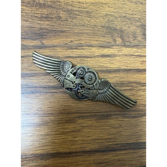 Copper Steam Punk Wings Gears Pin Brooch Motorcycle Angel - Picture 1 of 7